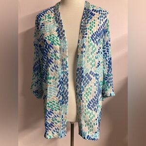 Chico’s Women’s Open Front Sheer Jacket, Size 0, Blues/Greens, Embellished
